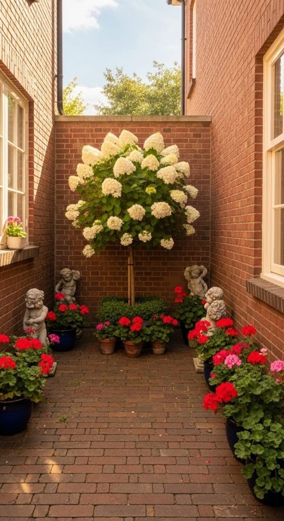 Hydrangea tree in red brick courtyard