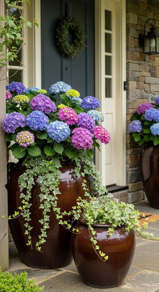 Hydrangea in large pots with ivy Hydrangea Garden Ideas