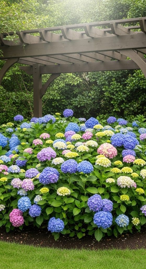 Hydrangea bushes under pergola Hydrangea Garden Ideas