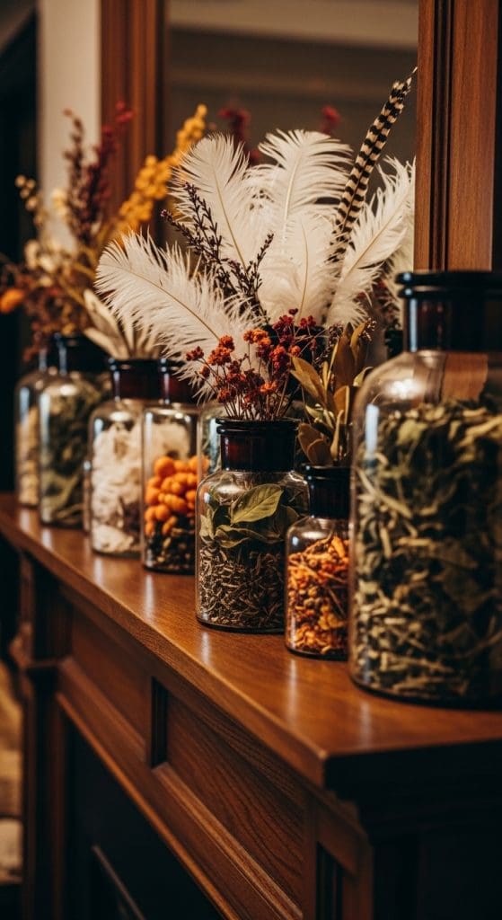 dried herbs in apothecary jars