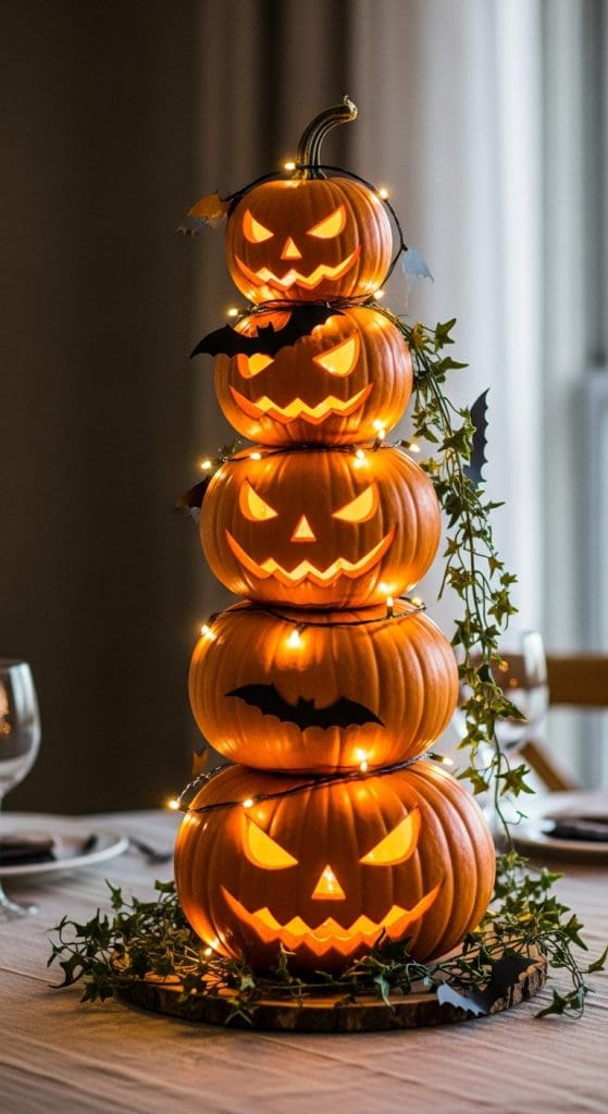 stacked pumpkins with led lights