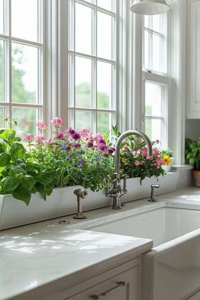 Windowsill garden in earthy kitchen