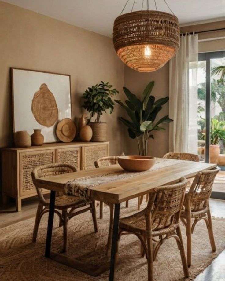 rattan dining chairs in earthy kitchen