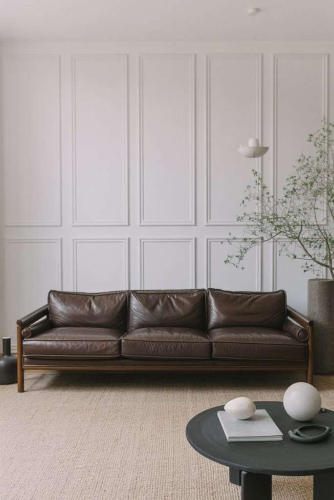 dark brown leather couch sitting against a white wall
