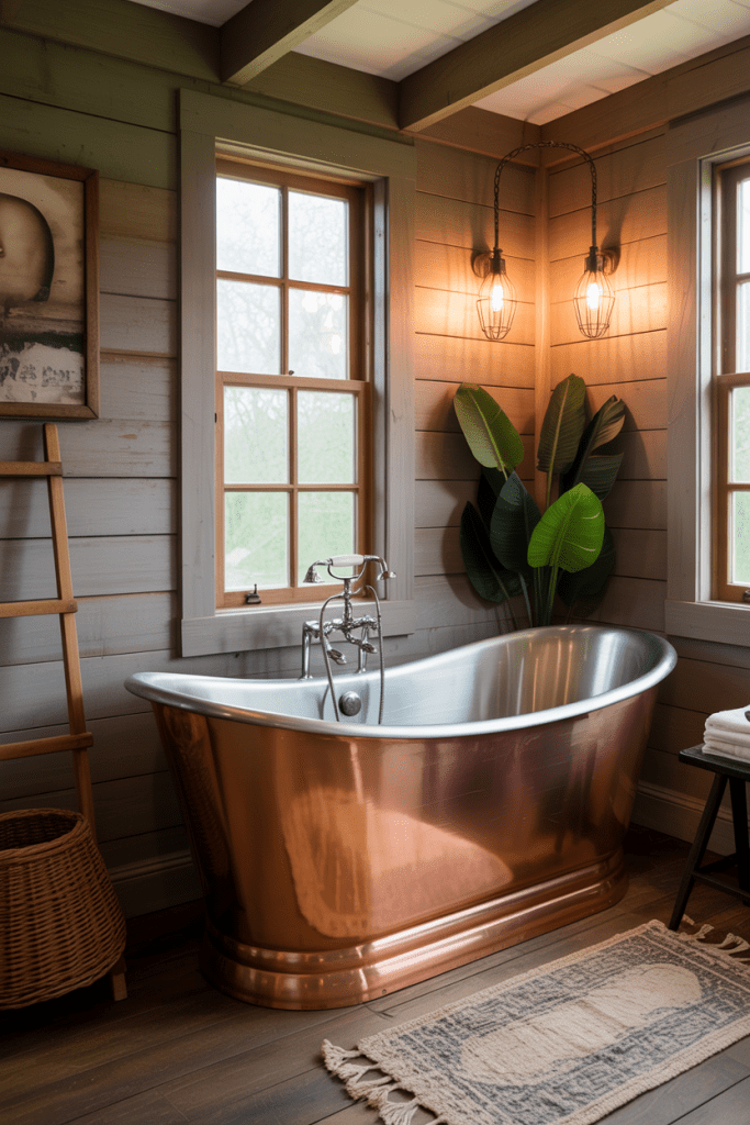 freestanding copper bathtub in a rustic bathroom