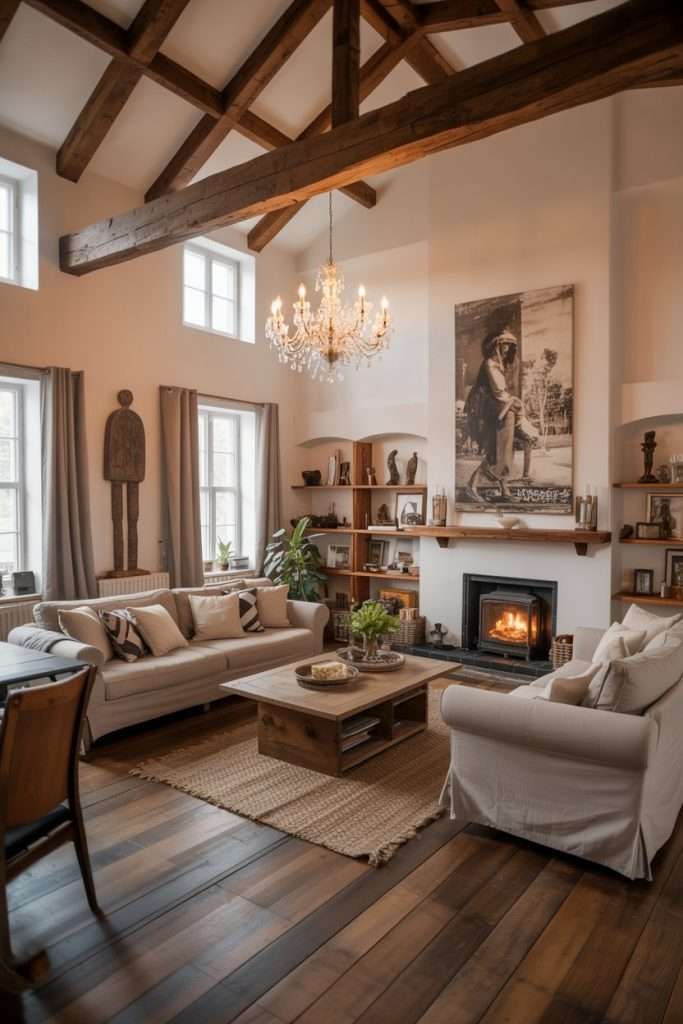 double height living room with a chandelier