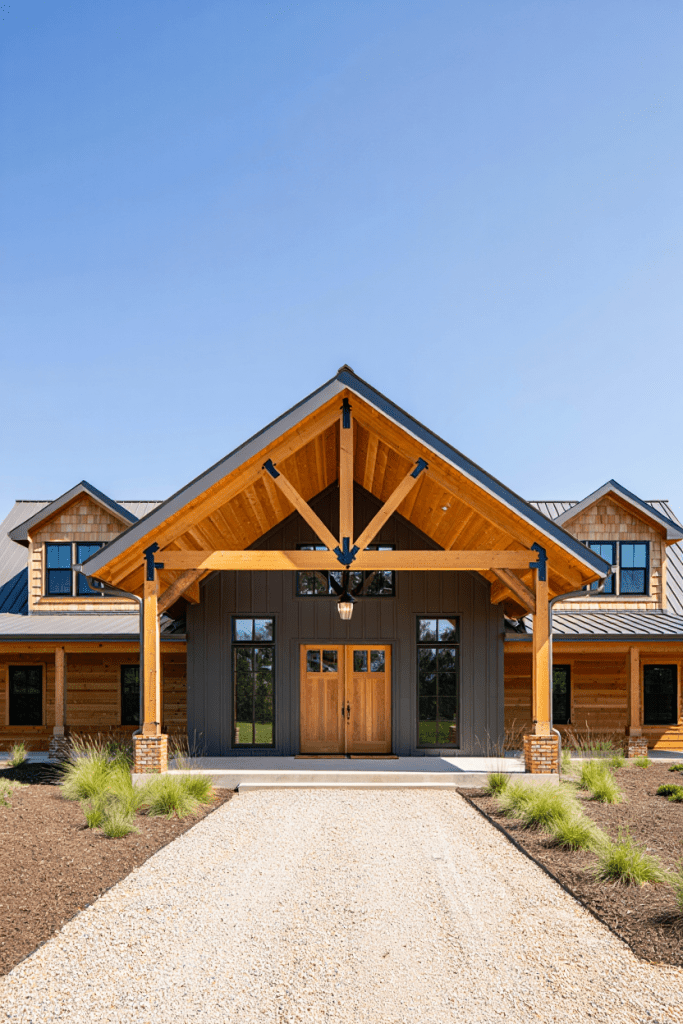 wood accents on the exterior of a farmhouse