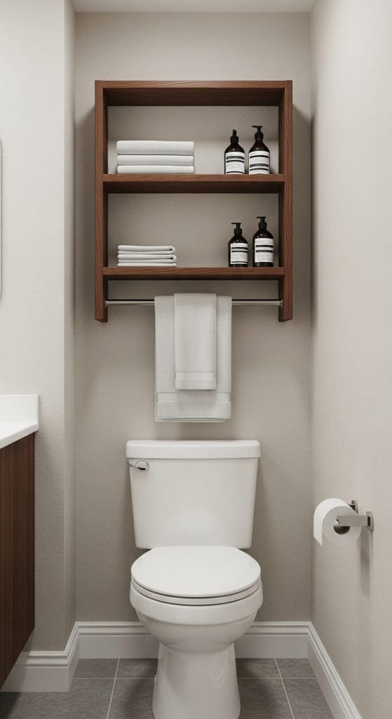 shelves over the toilet with towel rail