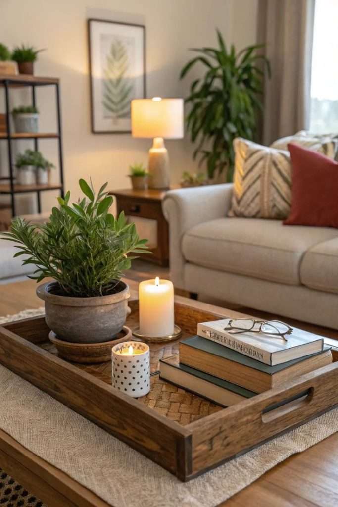 book reading glasses and plant on ottoman tray