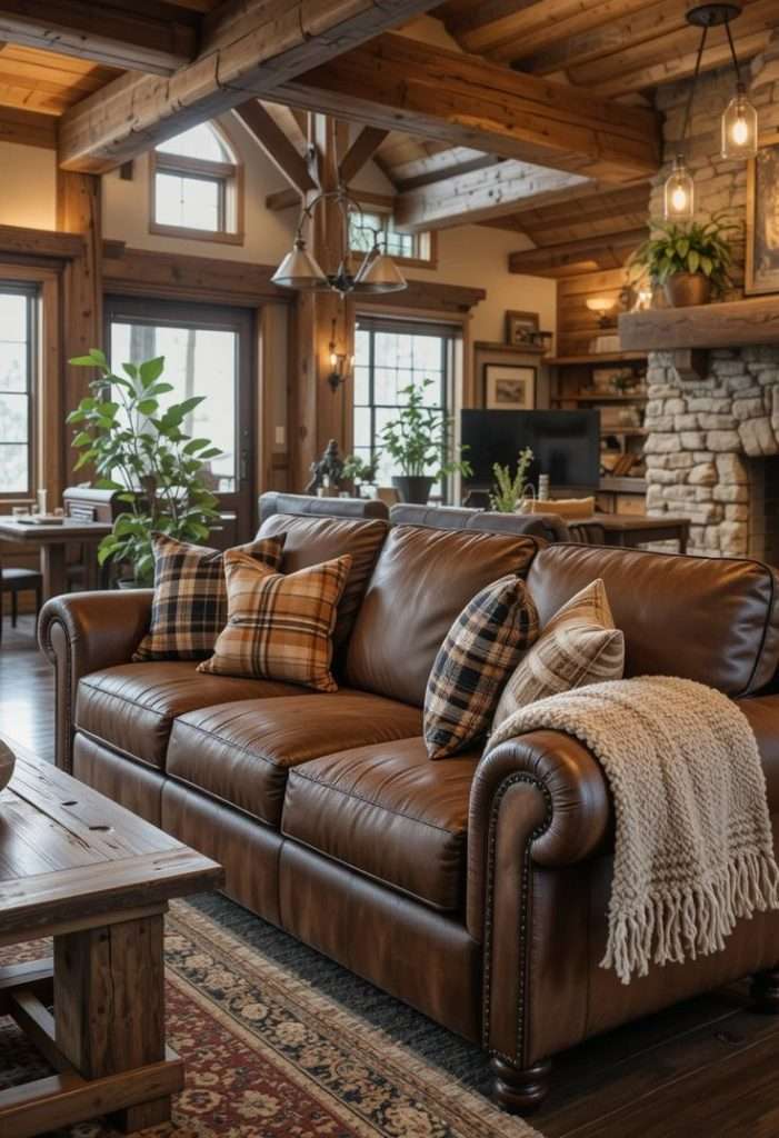 incorporating texture and pillows in you Leather Couch Decor Idea