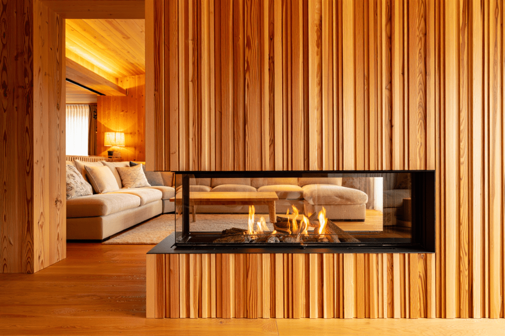 wooden slat fireplace wall idea