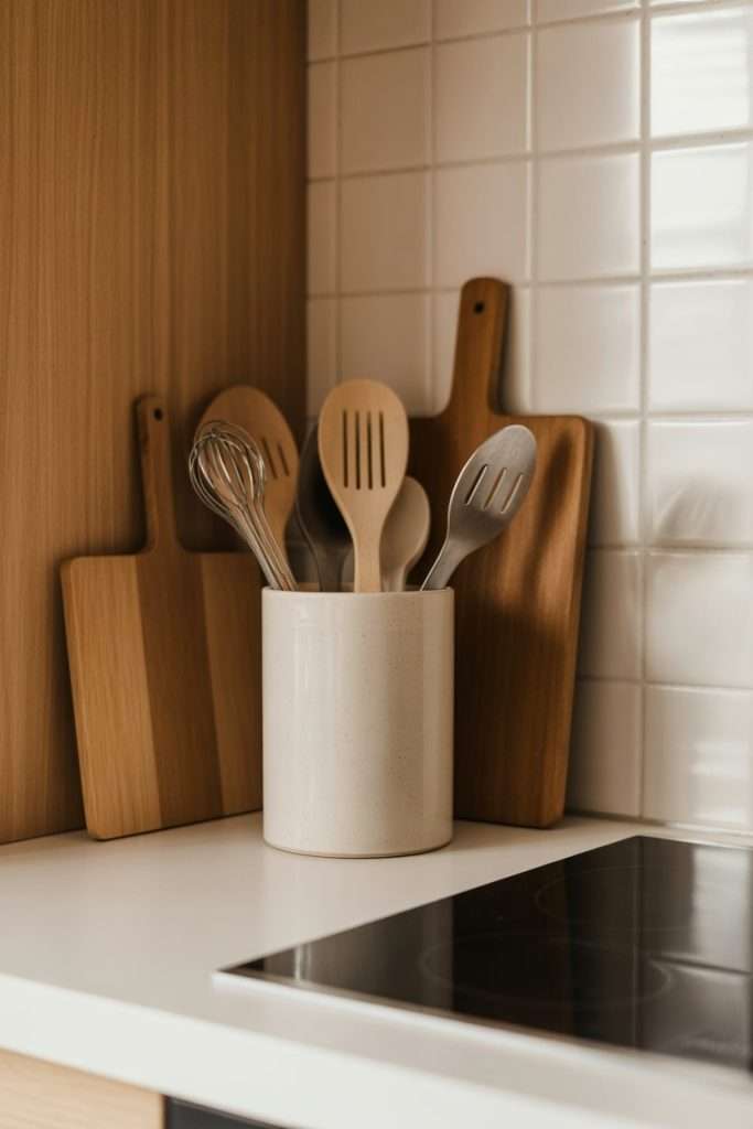 ceramic vase with cooking utensils