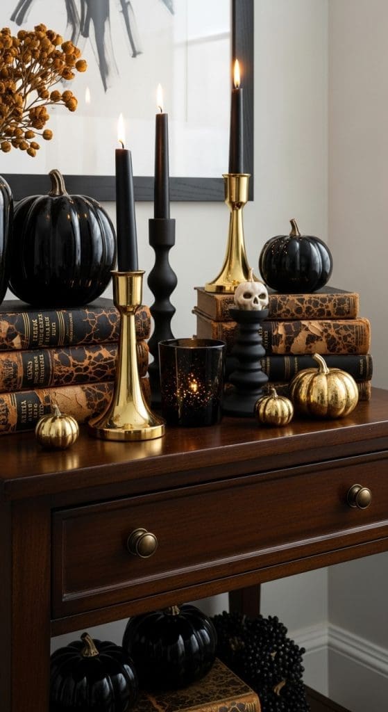 vintage books and candles Classy Halloween Decor