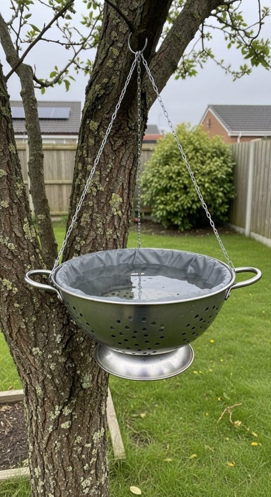 Colander as bird bath 