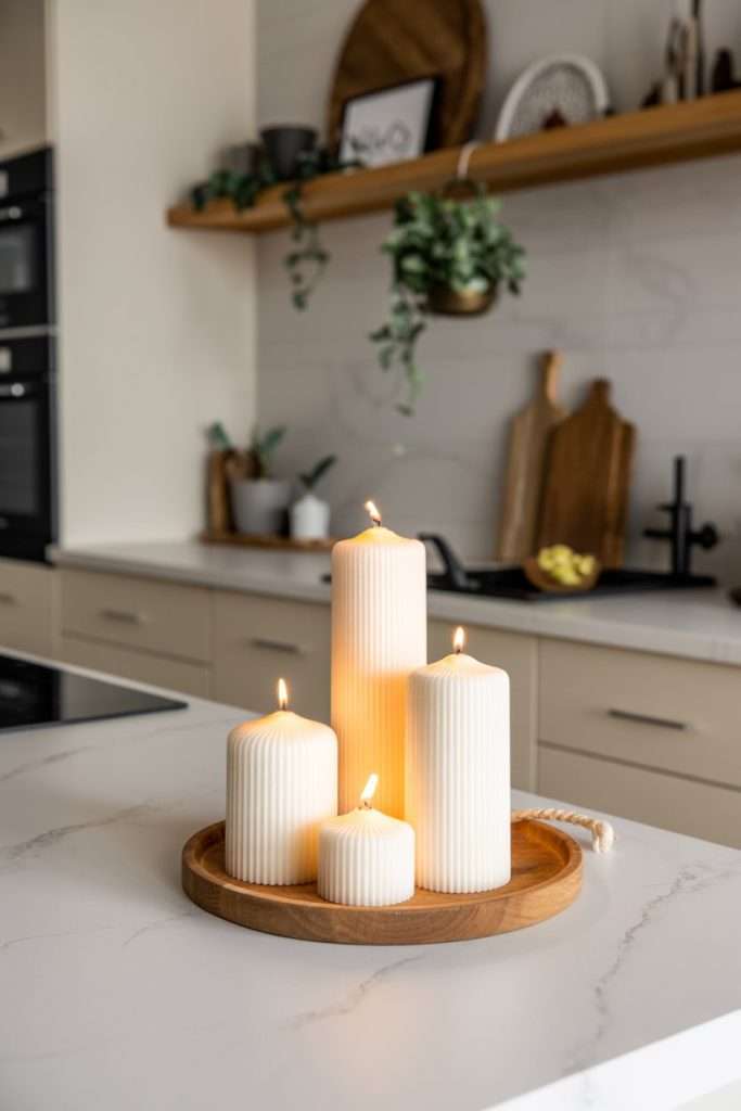 pillar candles of different sizes in a tray
