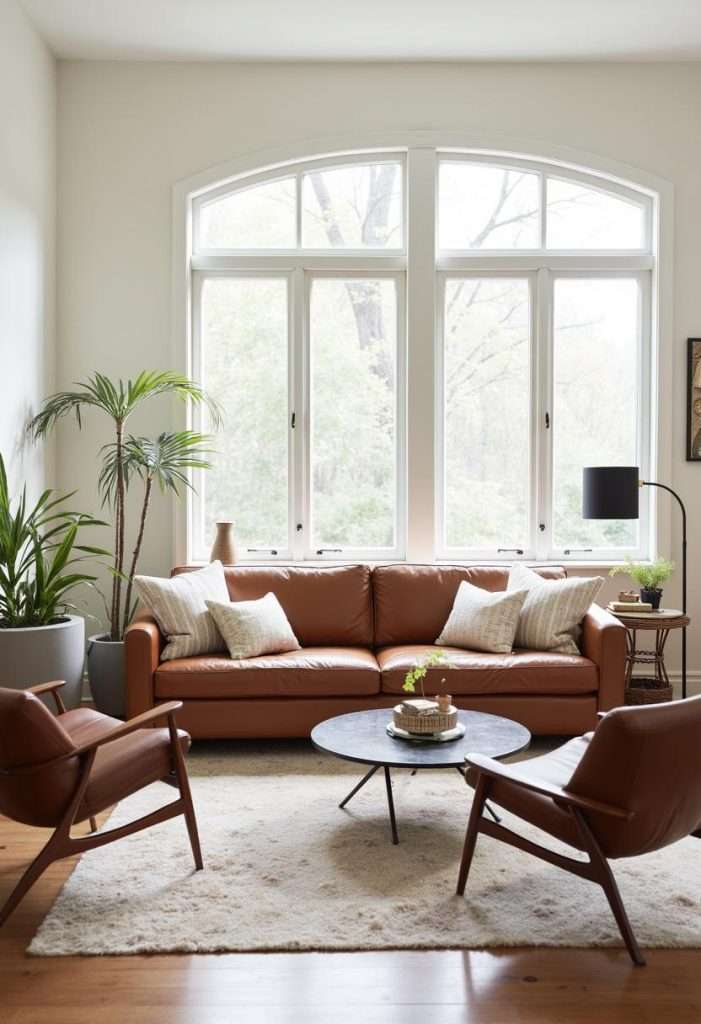 leather sofa in front of a big bay window with two mid-century chairs on either side