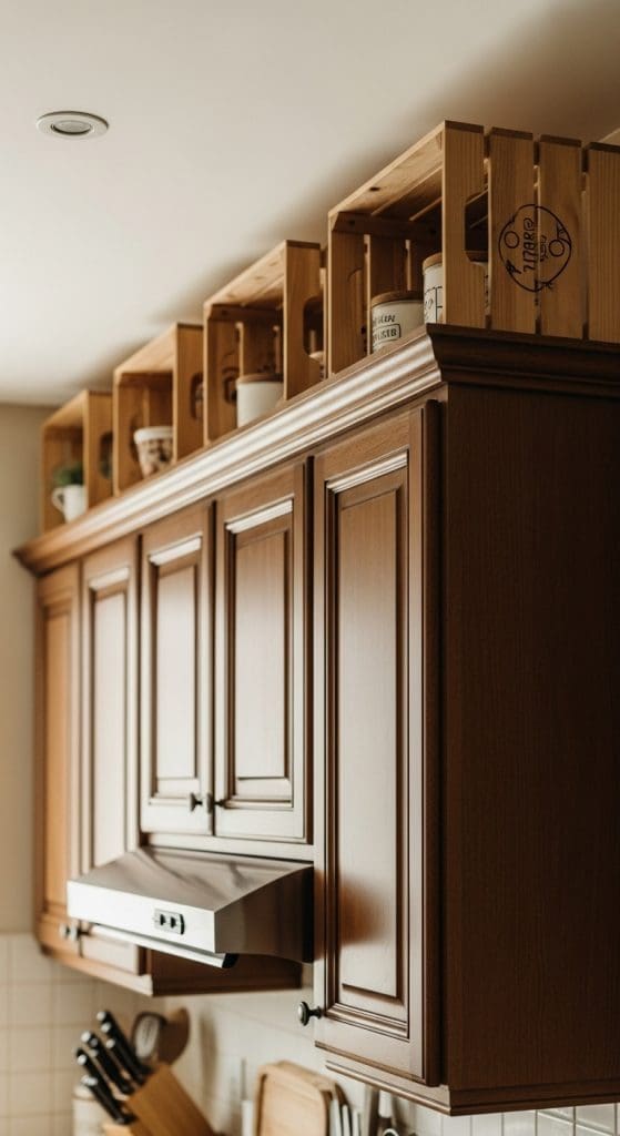 rustic crates on top of kitchen counters