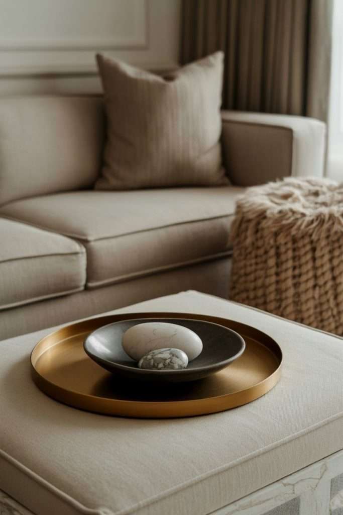 natural stone in bowl on ottoman tray