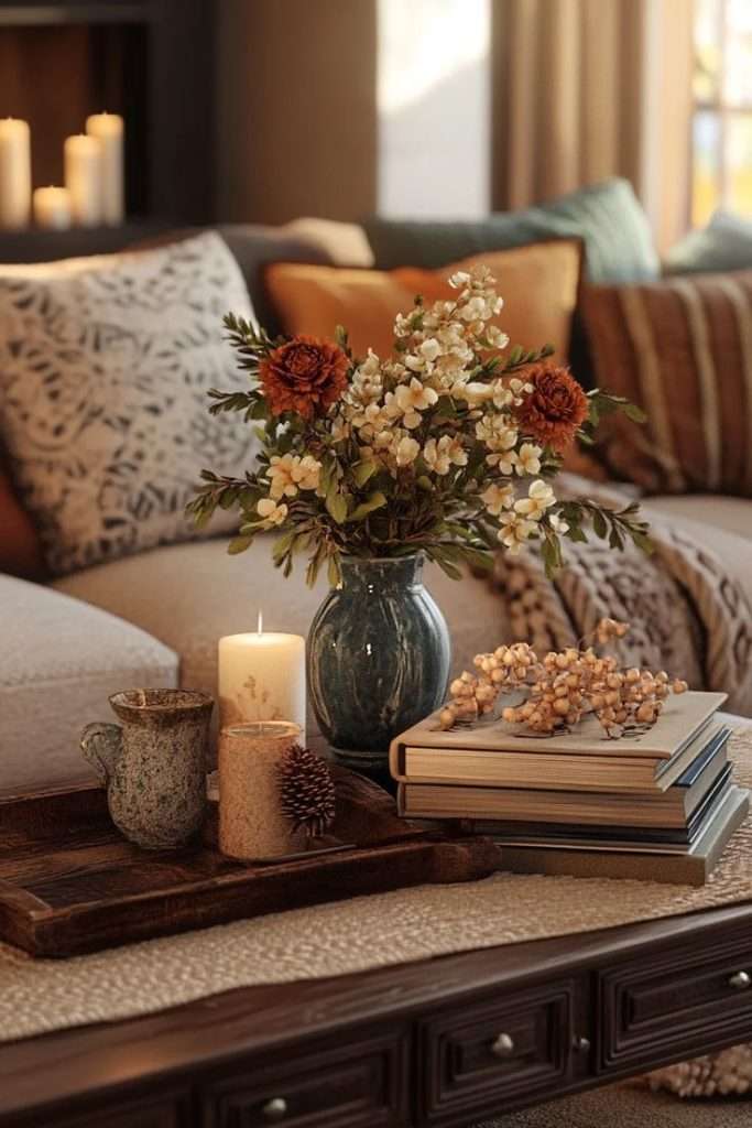 dried floral arrangement on ottoman tray