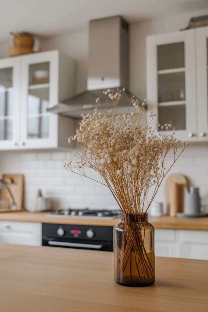 dreid flowers in glass vase Kitchen Counter Decor Ideas