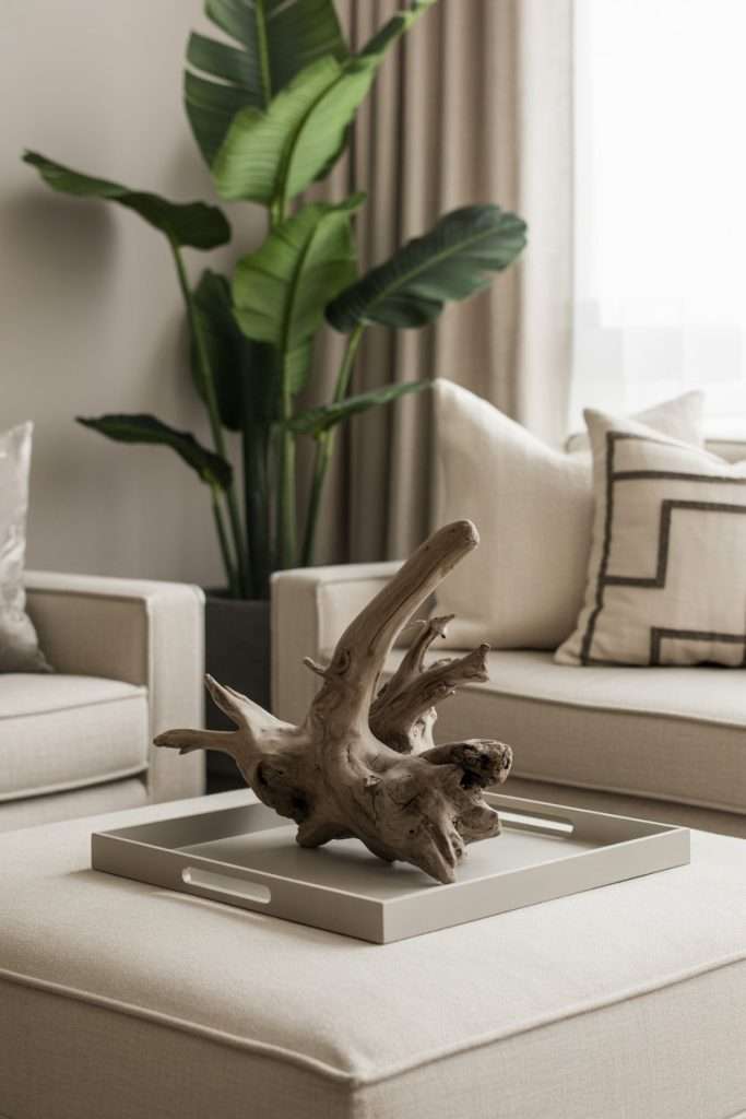 driftwood on ottoman tray