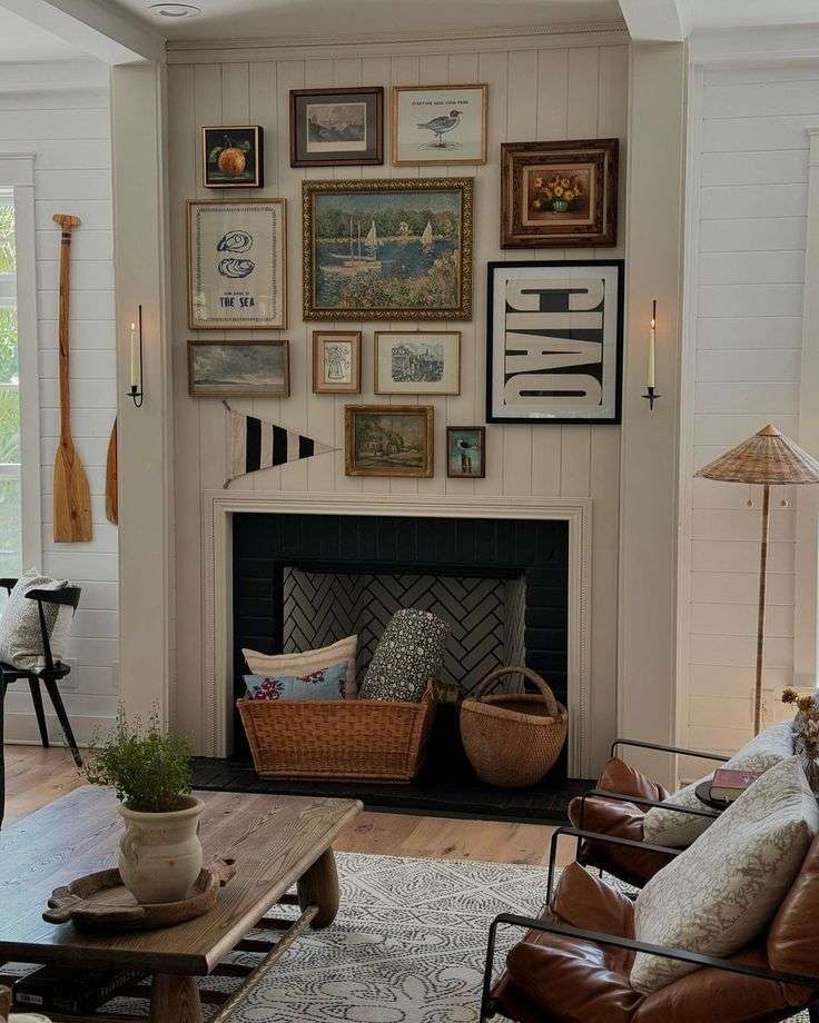 Art Gallery or pictures hanging over a fireplace