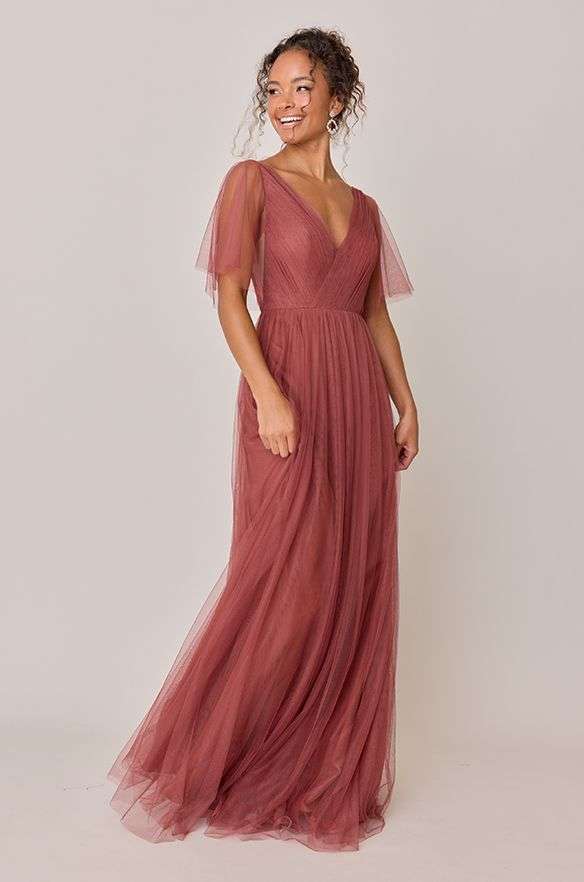 bridesmaid dress with flutter sleeves for earthy wedding ideas