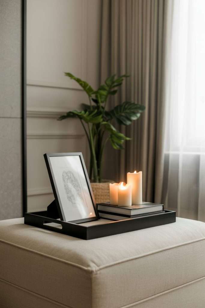 mini art and candles on ottoman tray