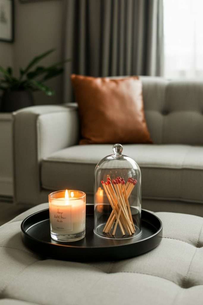 vintage candle and matches on ottoman tray