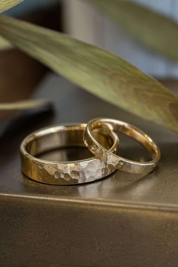 hammered metal wedding rings in gold