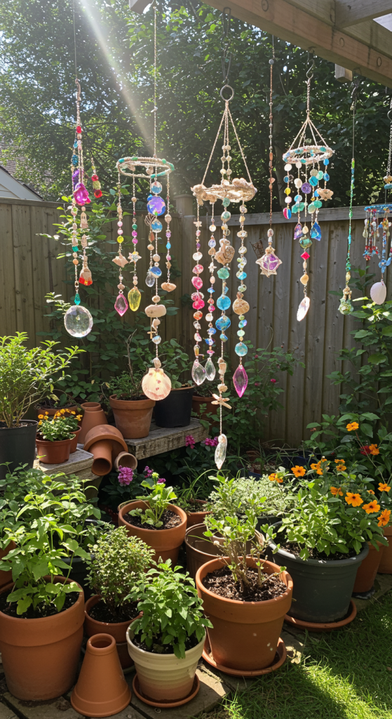 hanging crystal mobiles in back garden