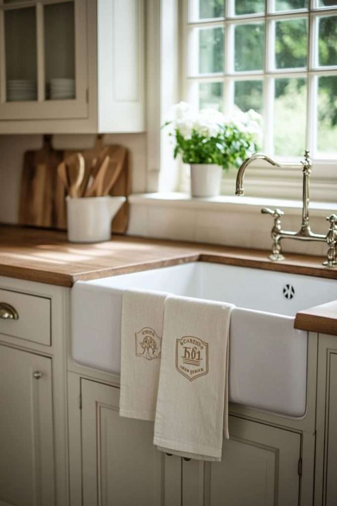 beige towels hanging over kitchen sink