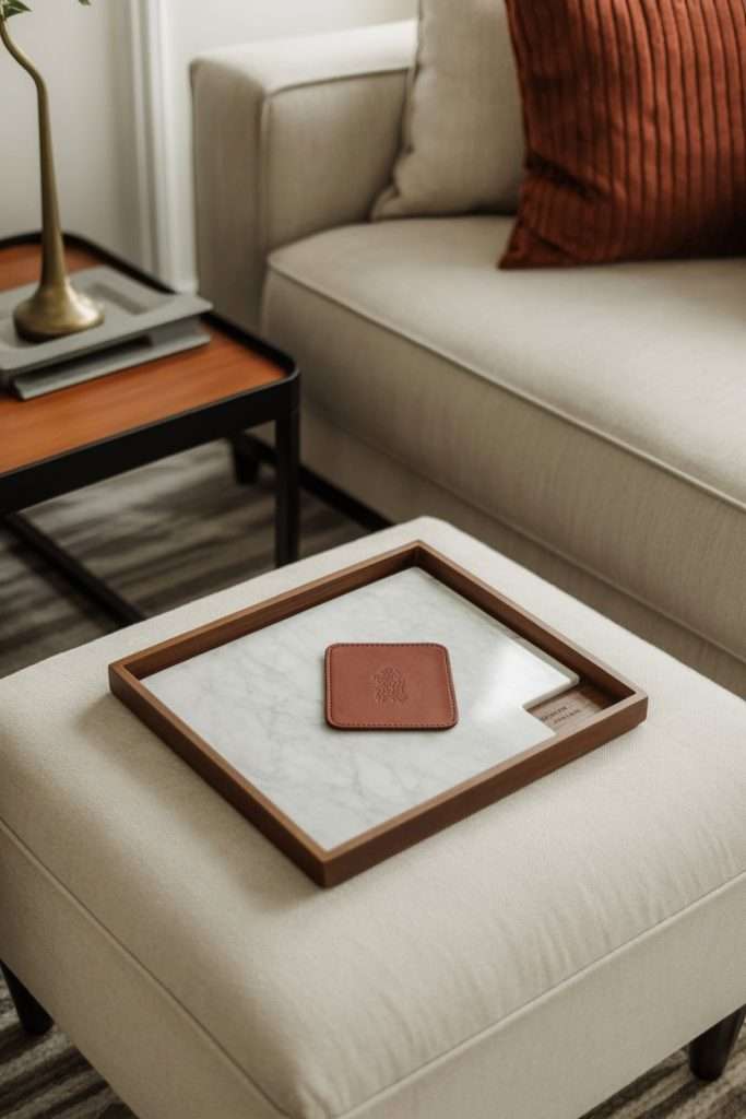 leather coaster on ottoman tray