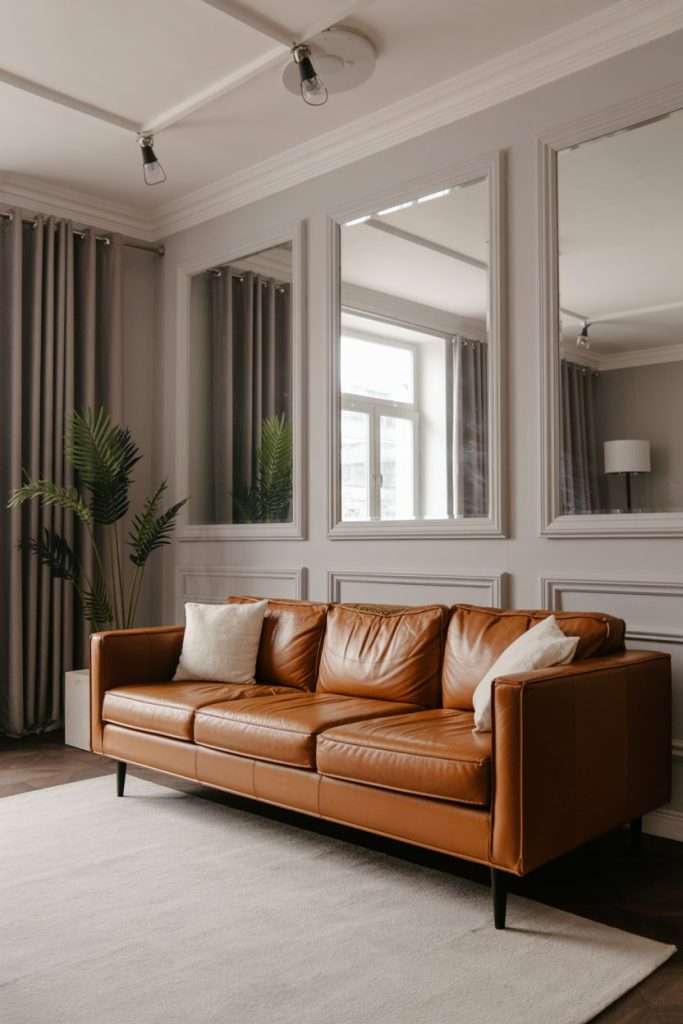 Leather Couch Decor Idea by using mirrors to enhance the room