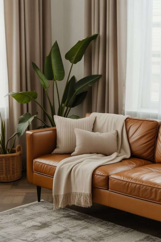 soft furnishings of weight and beige throws, pillows and curtain on a brown leather couch