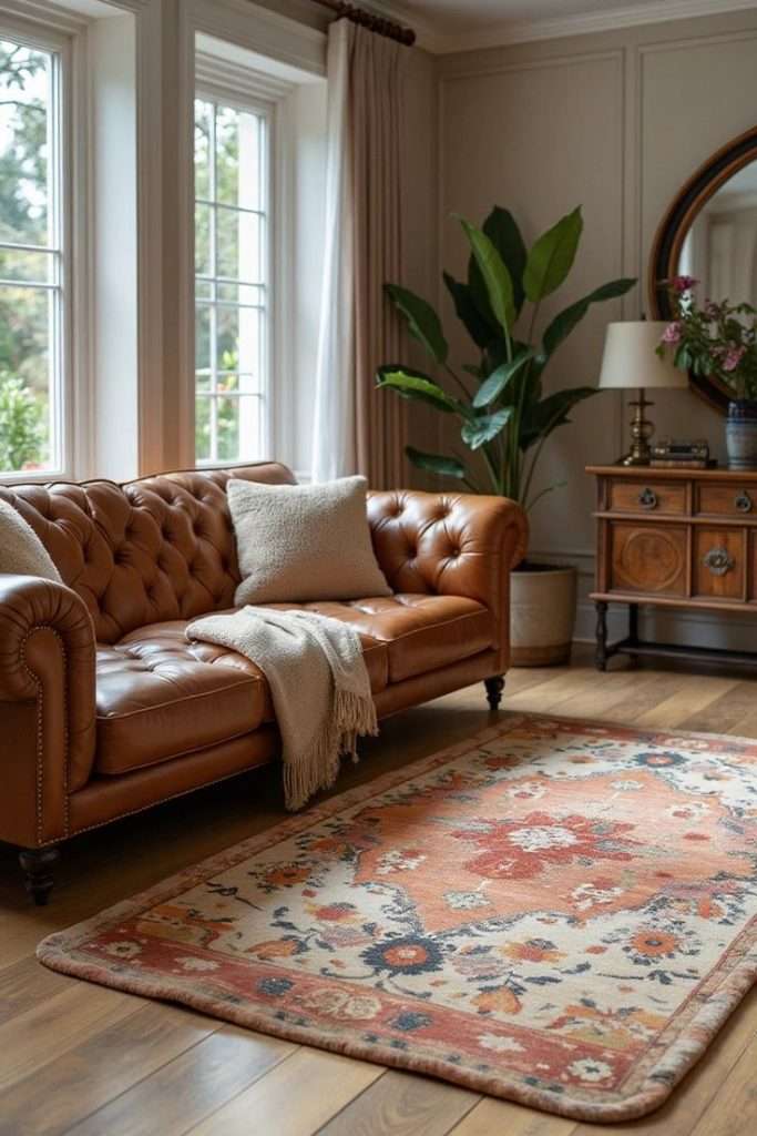 leather sofa in front of a patterned rug