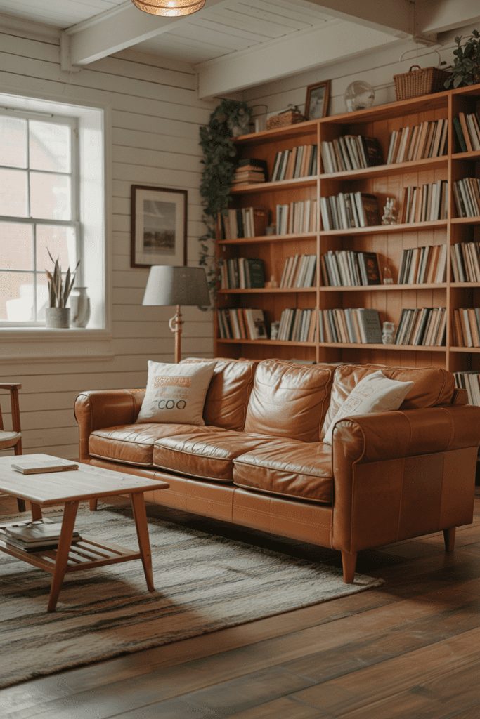 brown leather sofa ideas in front of a bookshelf full of books