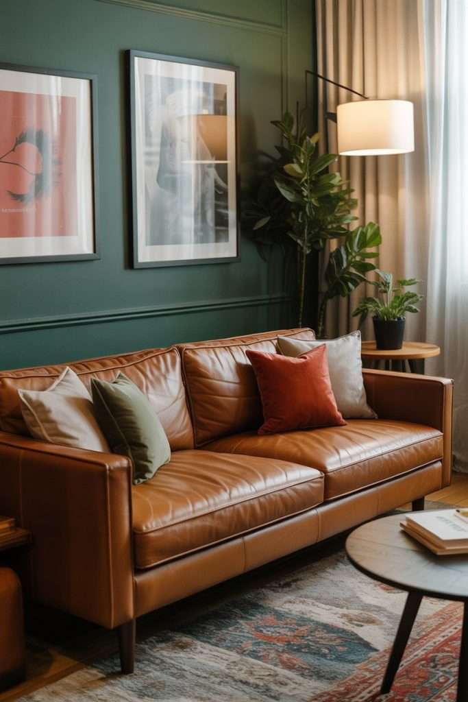 using pops of color on the leather sofa to bring the room together
