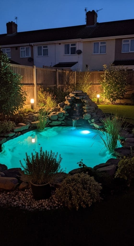 small garden pond with LED lights