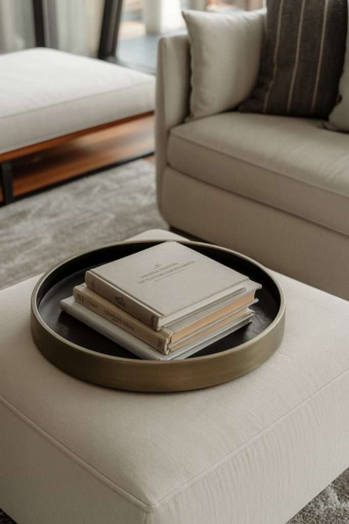 books in tray on ottoman