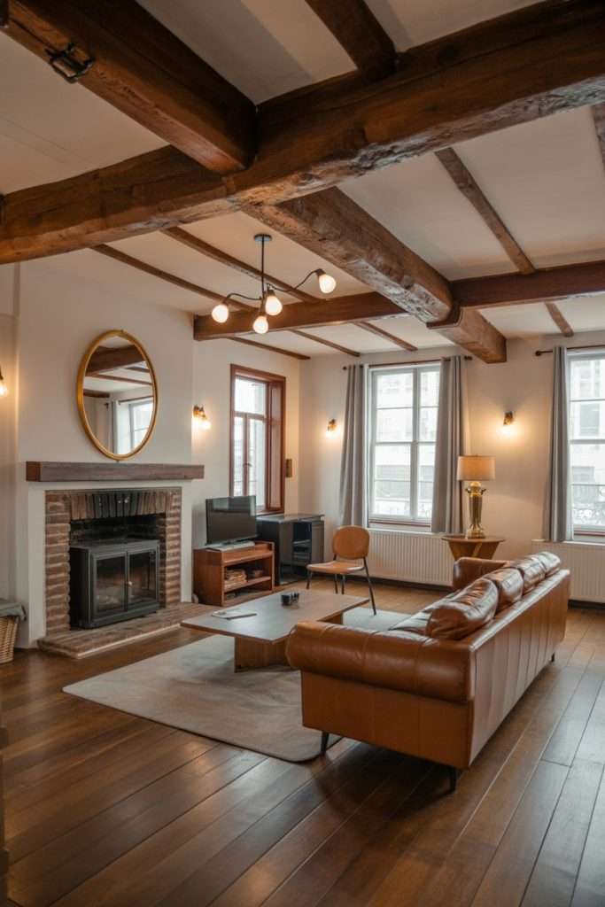 exposed beams for Leather Couch Decor Idea