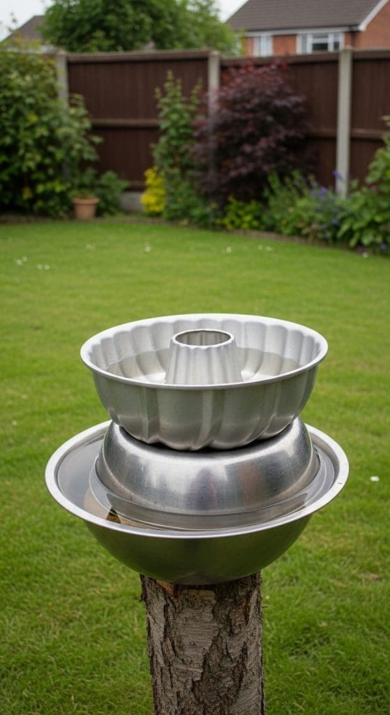 metal pan as bird bath 