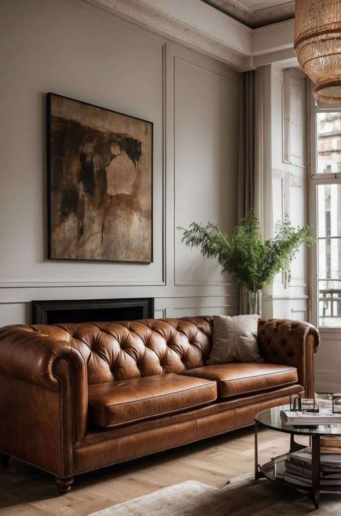 using metallic accents in a living space alongside a brown leather sofa