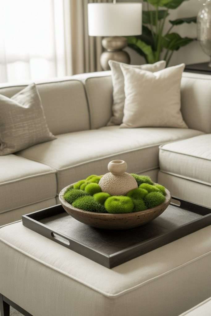 moss in a bowl on an ottoman tray
