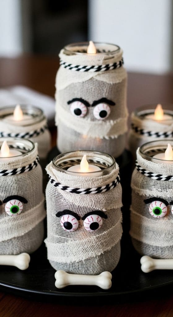 Mason jars wrapped in gauze with faux eyes to look like Halloween mummies