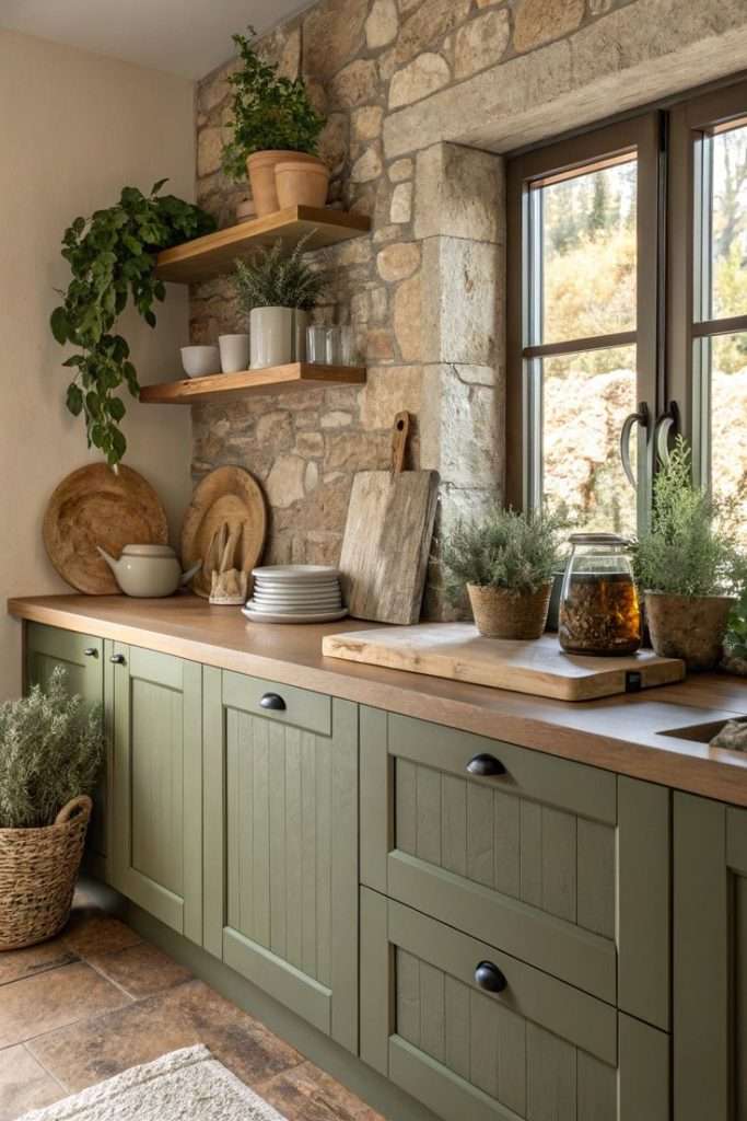 olive green kitchen cabinets in earthy style kitchen