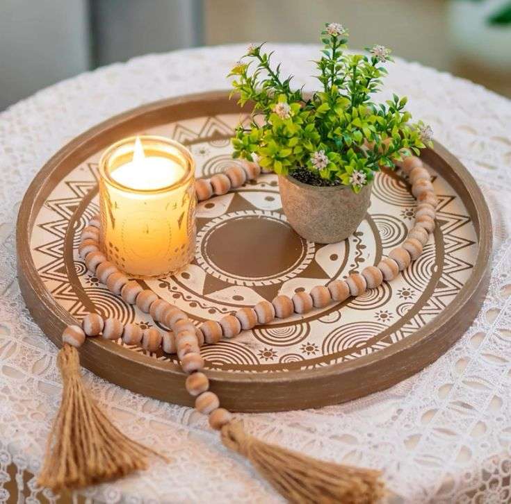 wooden beads on ottoman tray