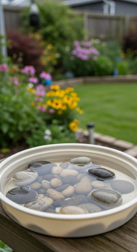 plastic lid as a bird bath 