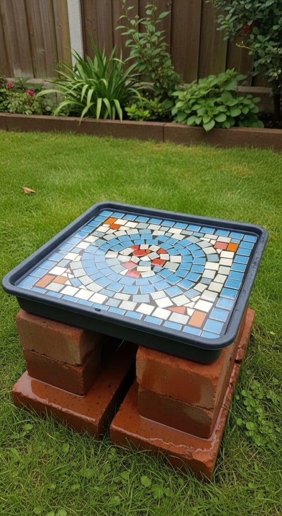 mosaic tray as bird bath 
