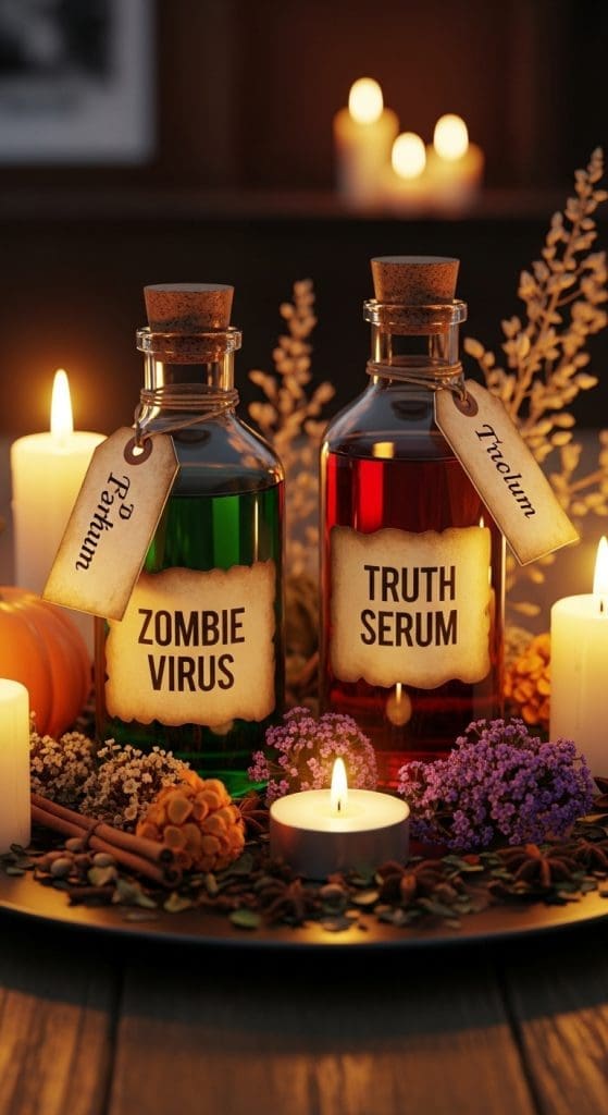 potion bottle clusteron tray on a dining room table with halloween labels